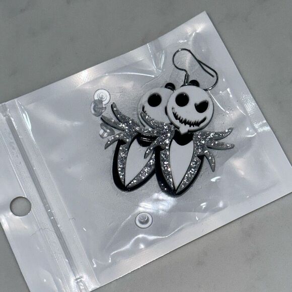Jack Skellington black white and glitter drop earrings | Sz OS, New - Picture 3 of 4